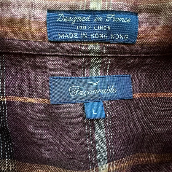 FACONNABLE | PURE LINEN TUNIC SHIRT PLAID LONG SLEEVE BUTTON FRONT PLUM | LARGE - Picture 9 of 9